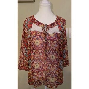 FIGUEROA AND FLOWER Lace Cord Multicolor 3/4 Sleeve Burgundy Red Blouse Size LG